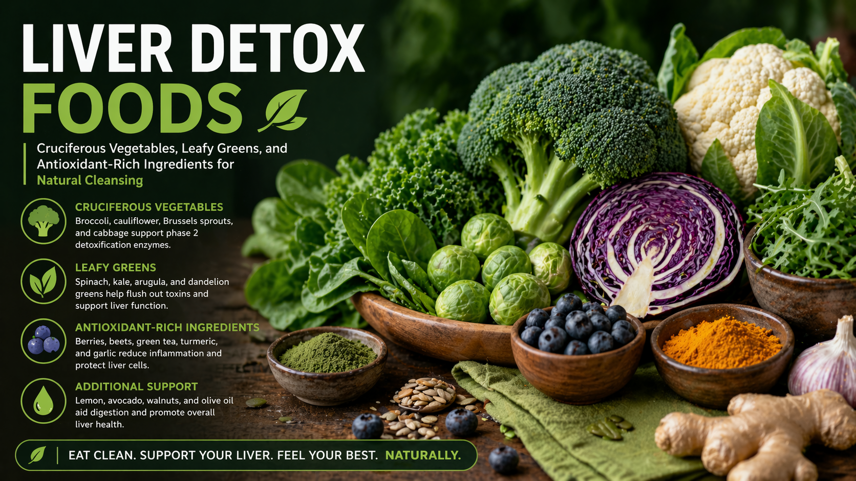 liver detox foods - cruciferous vegetables, leafy greens, and antioxidant-rich ingredients for natural cleansing