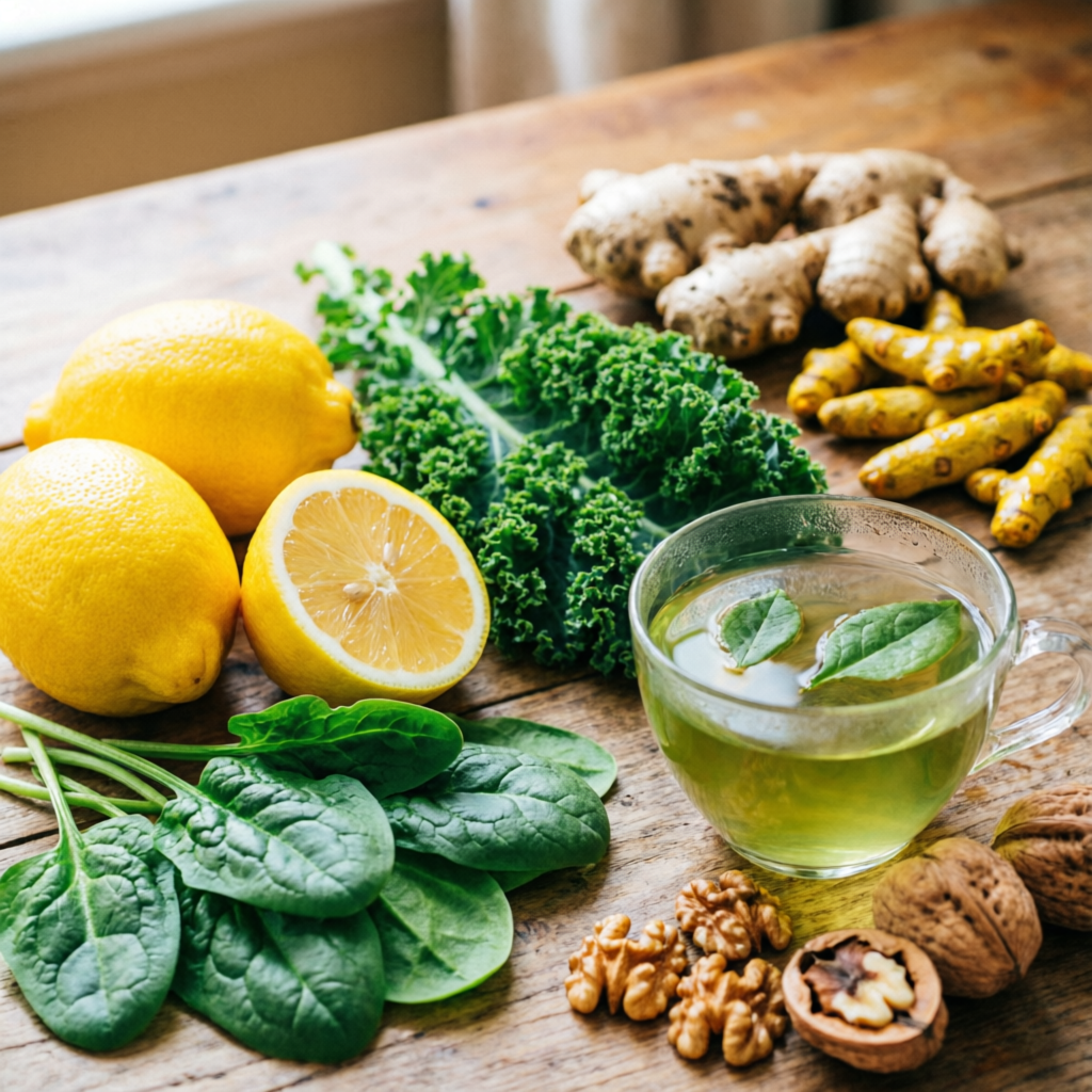 Best liver detox foods including lemons, turmeric, leafy greens, and green tea