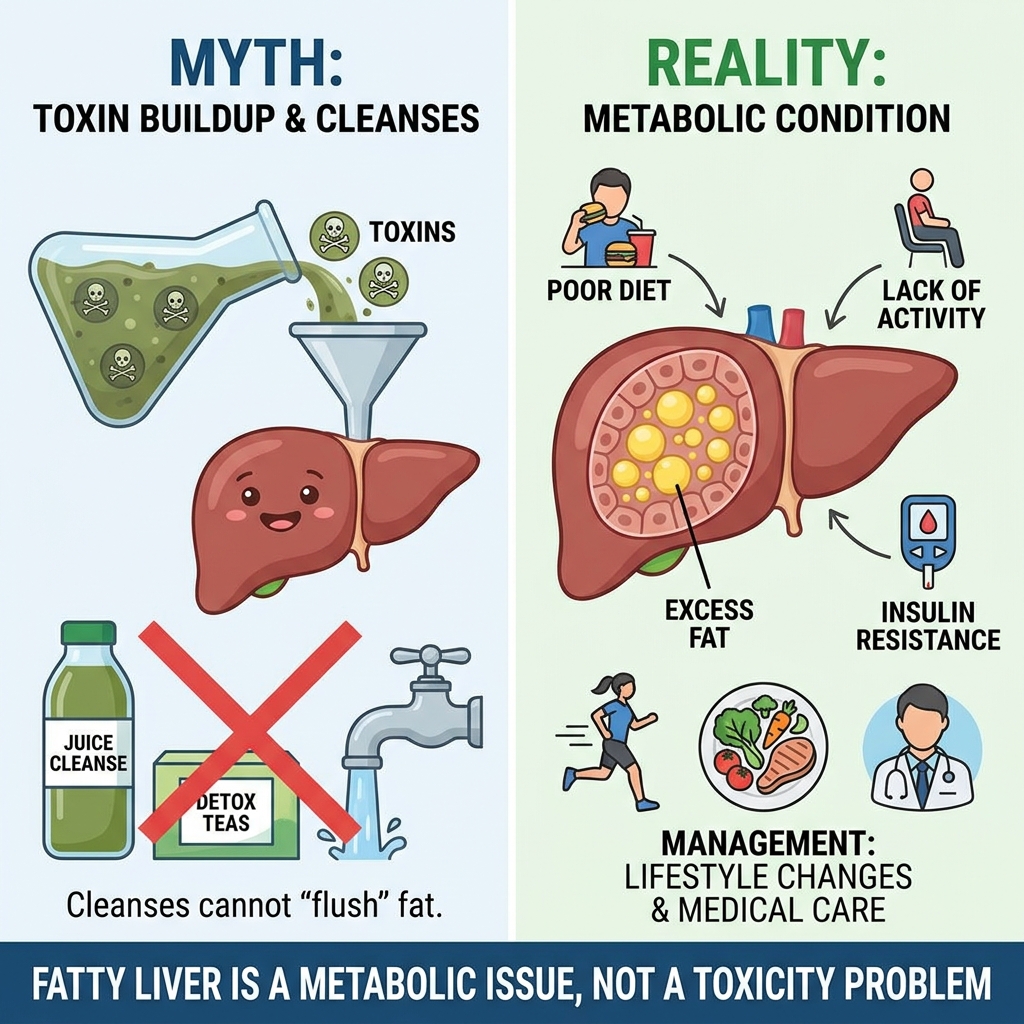 Why liver detox cleanses fail to clear fatty liver — visual comparison of myth vs mechanism