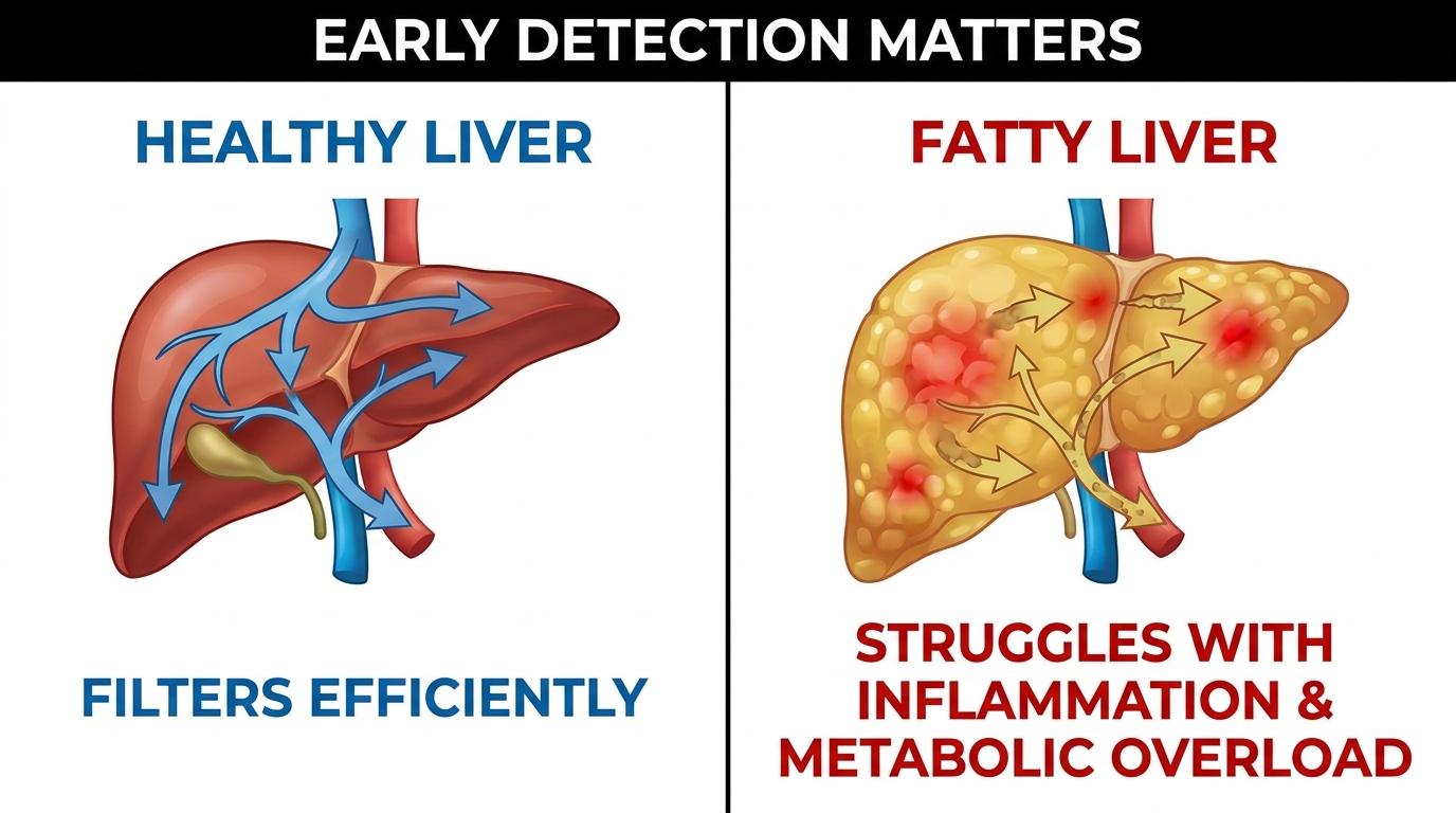 Healthy liver vs fatty liver comparison with warning indicators