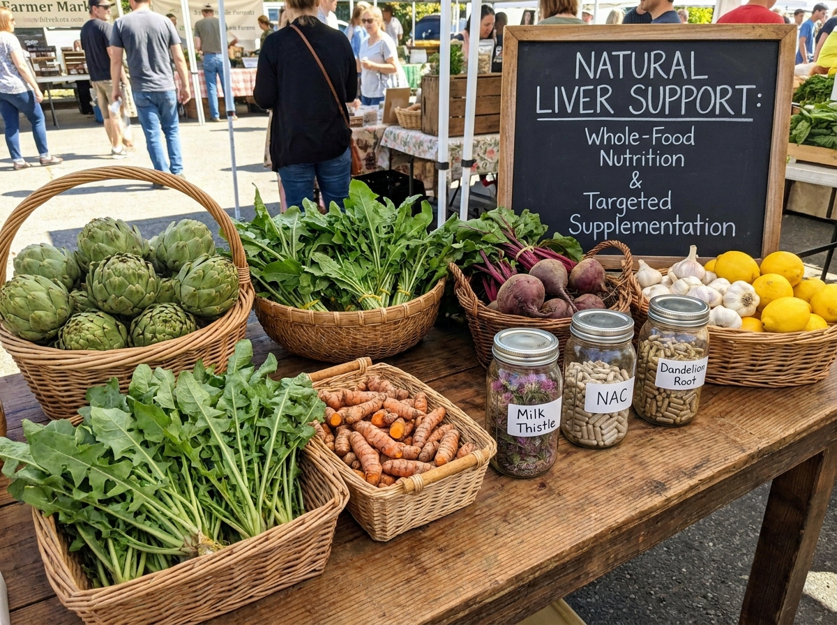 Healthy liver with spinach, asparagus, berries, and turmeric for natural liver detox support