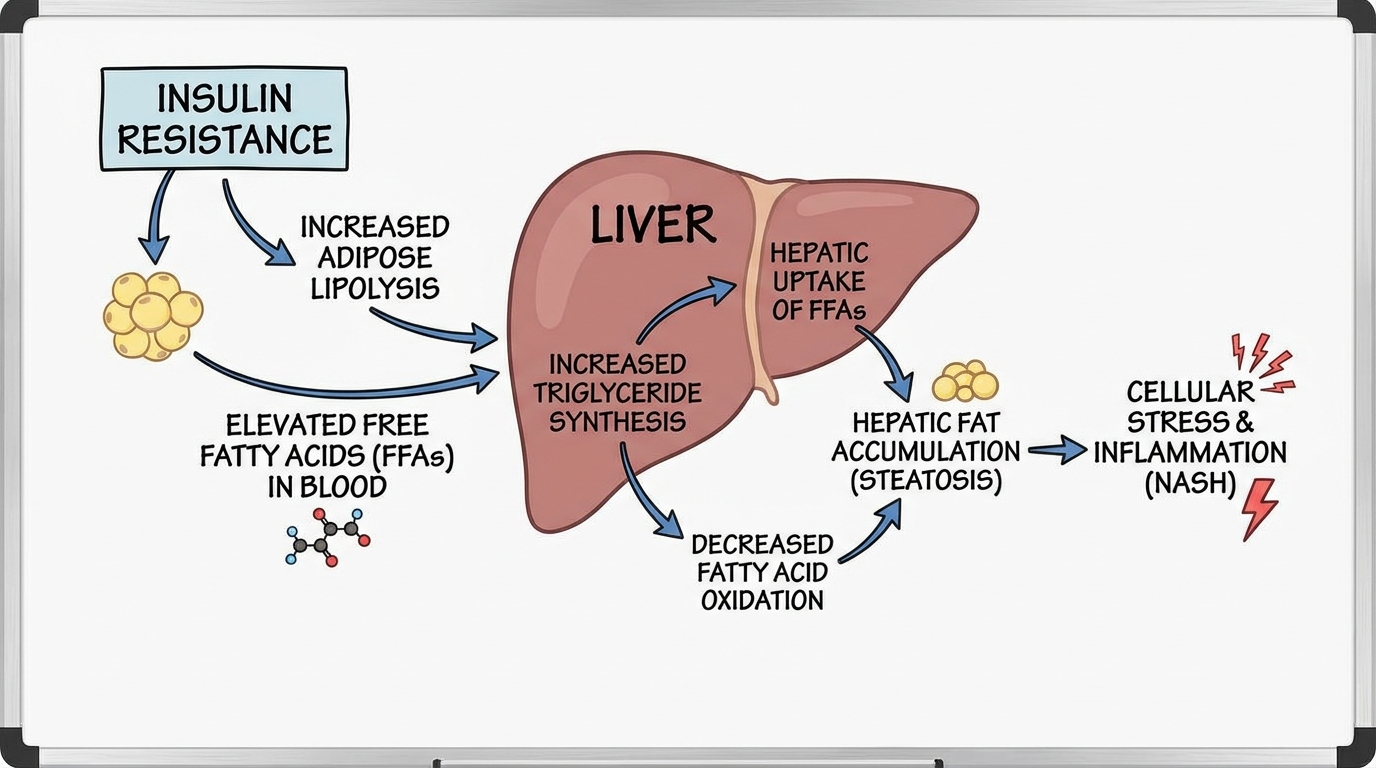 Metabolic pathway showing how high insulin leads to liver fat storage and inflammation MASLD