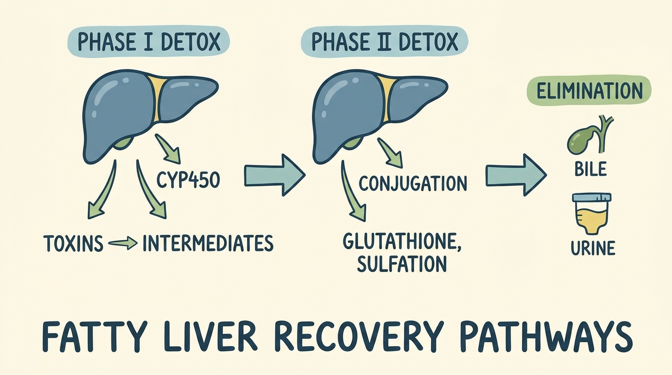 Illustration showing Phase I and Phase II liver detox pathways for fatty liver recovery
