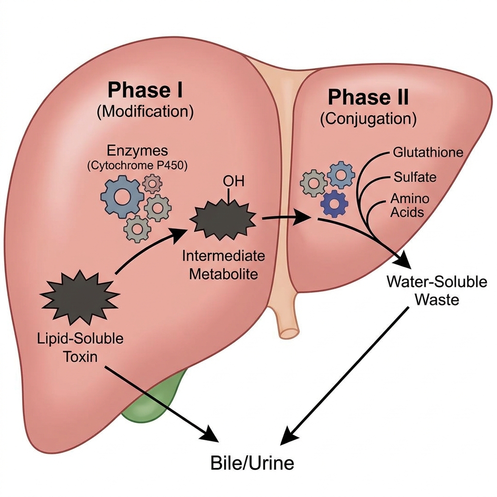 How the liver detoxifies the body naturally — Phase I and Phase II pathways diagram