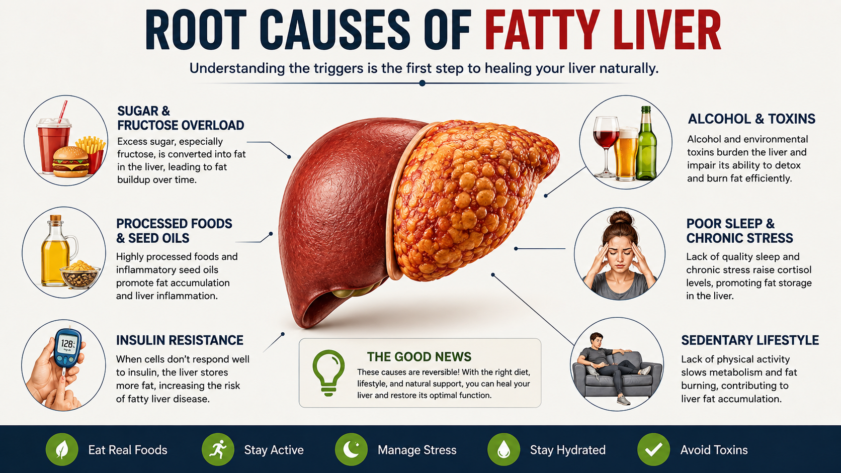 Healthy liver anatomy illustration with fresh green vegetables like broccoli, spinach, lemons, and turmeric, representing a natural liver detox protocol