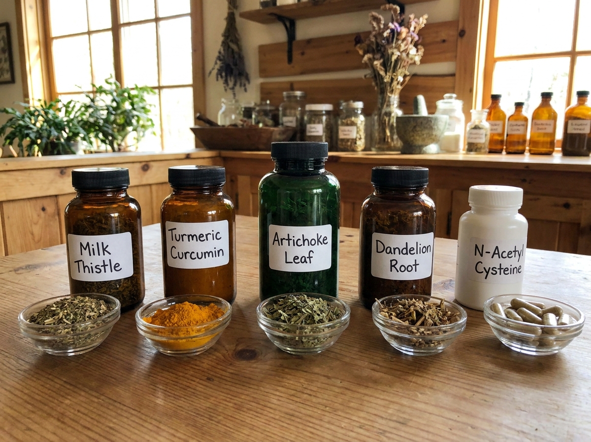 Milk thistle, turmeric, omega-3 capsules, vitamin E, and berberine extract on white marble